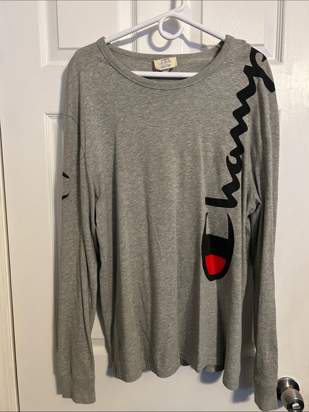 Champion Mens Long-Sleeve Logo Tee - Gray with Black & Red Accents